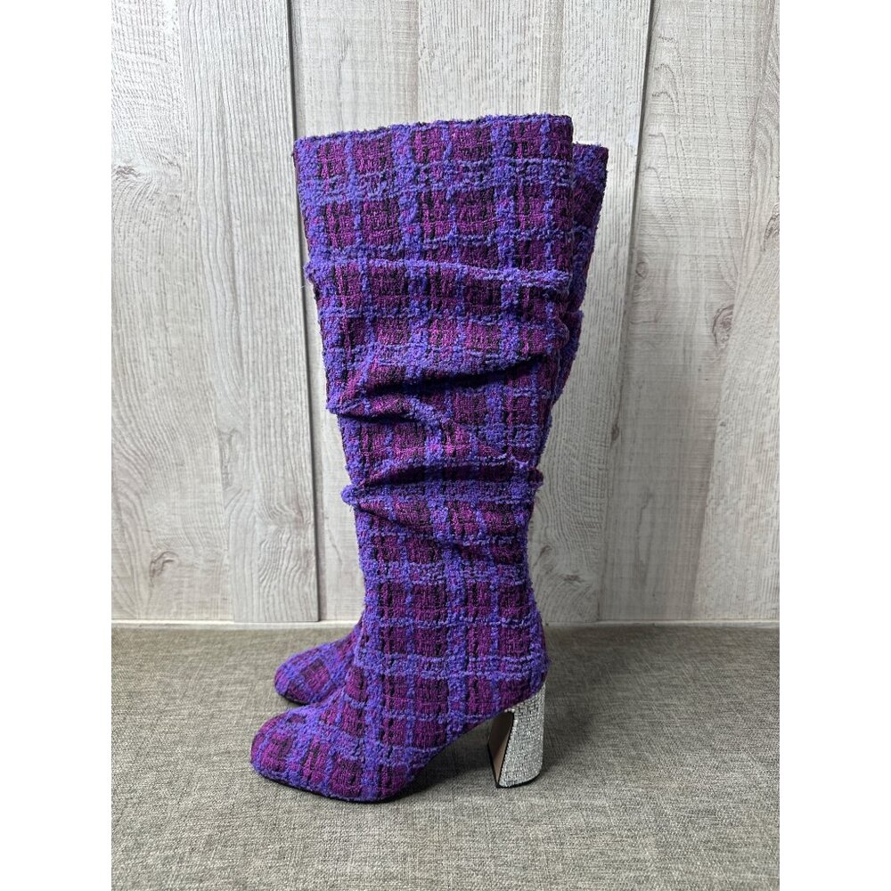 Betsey Johnson Womens 6.5 Purple Tweed Plaid Knee High Boots w/ Rhinestone Heels - Picture 4 of 12